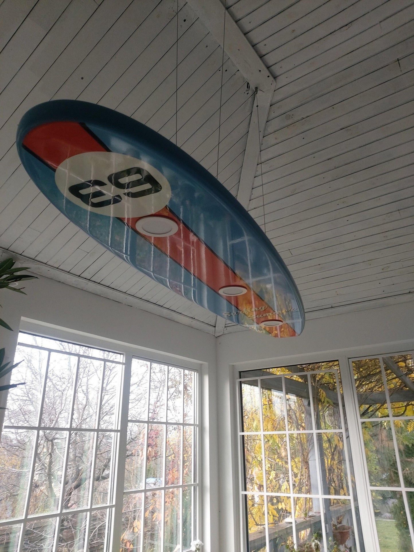 Handcrafted Surfboard LED Ceiling Light: Coastal Game Room Decor