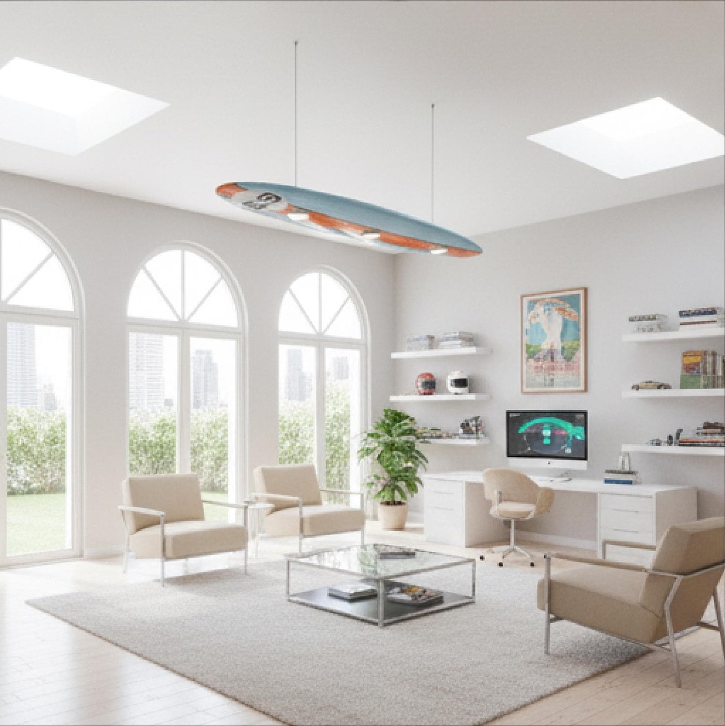 Handcrafted Surfboard LED Ceiling Light: Coastal Game Room Decor