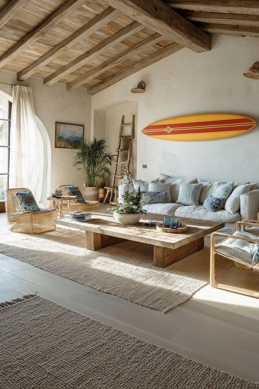 Vintage Surfboard Wall Hanging – Retro Longboard with Stripes – Nautical Coastal Decor