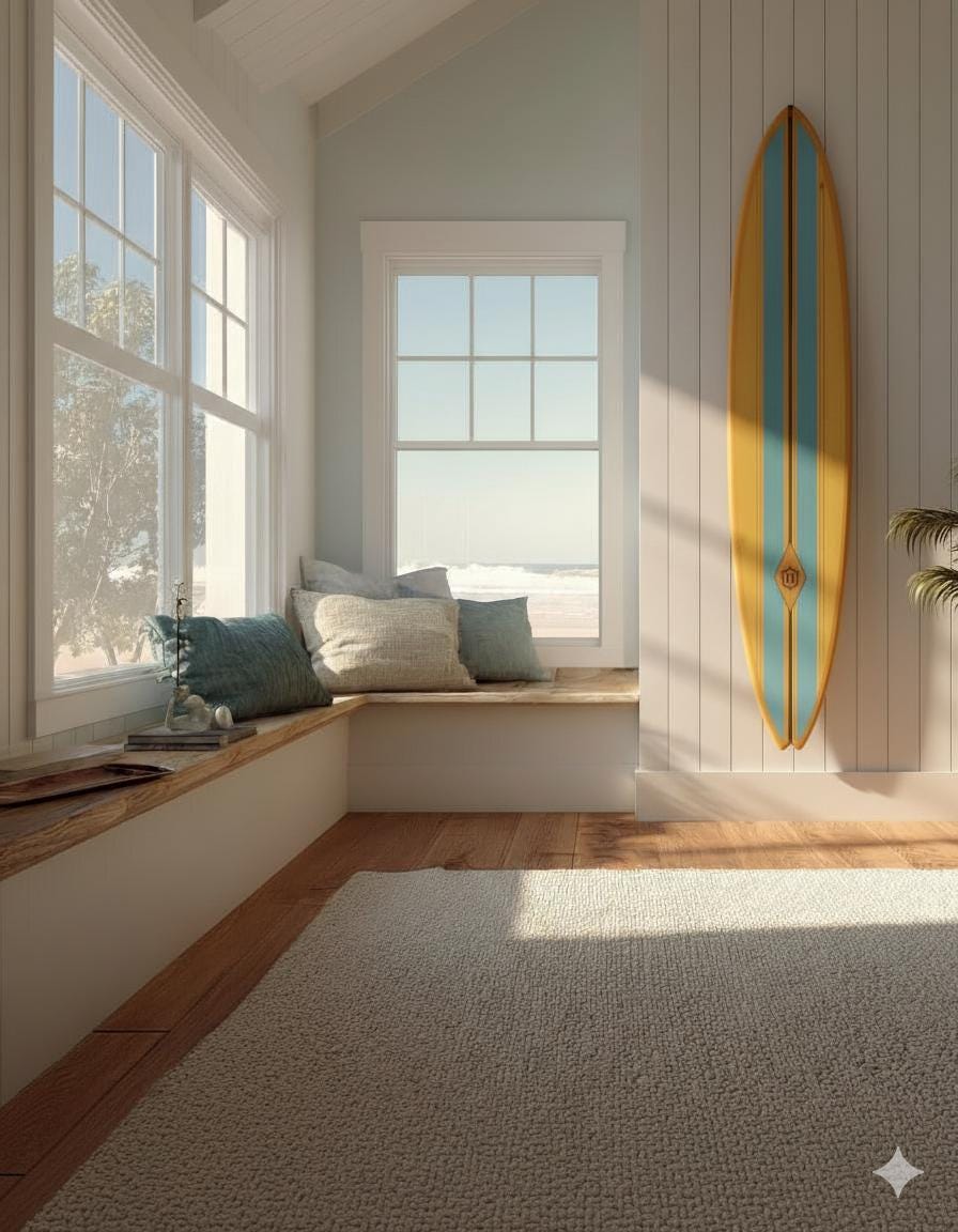 Vintage Surfboard Wall Hanging – Retro Longboard with Stripes – Nautical Coastal Decor