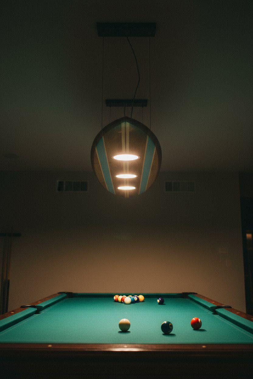 Surfboard Pool Table Light – Vintage Coastal Pendant Lamp for Game Room and Bar