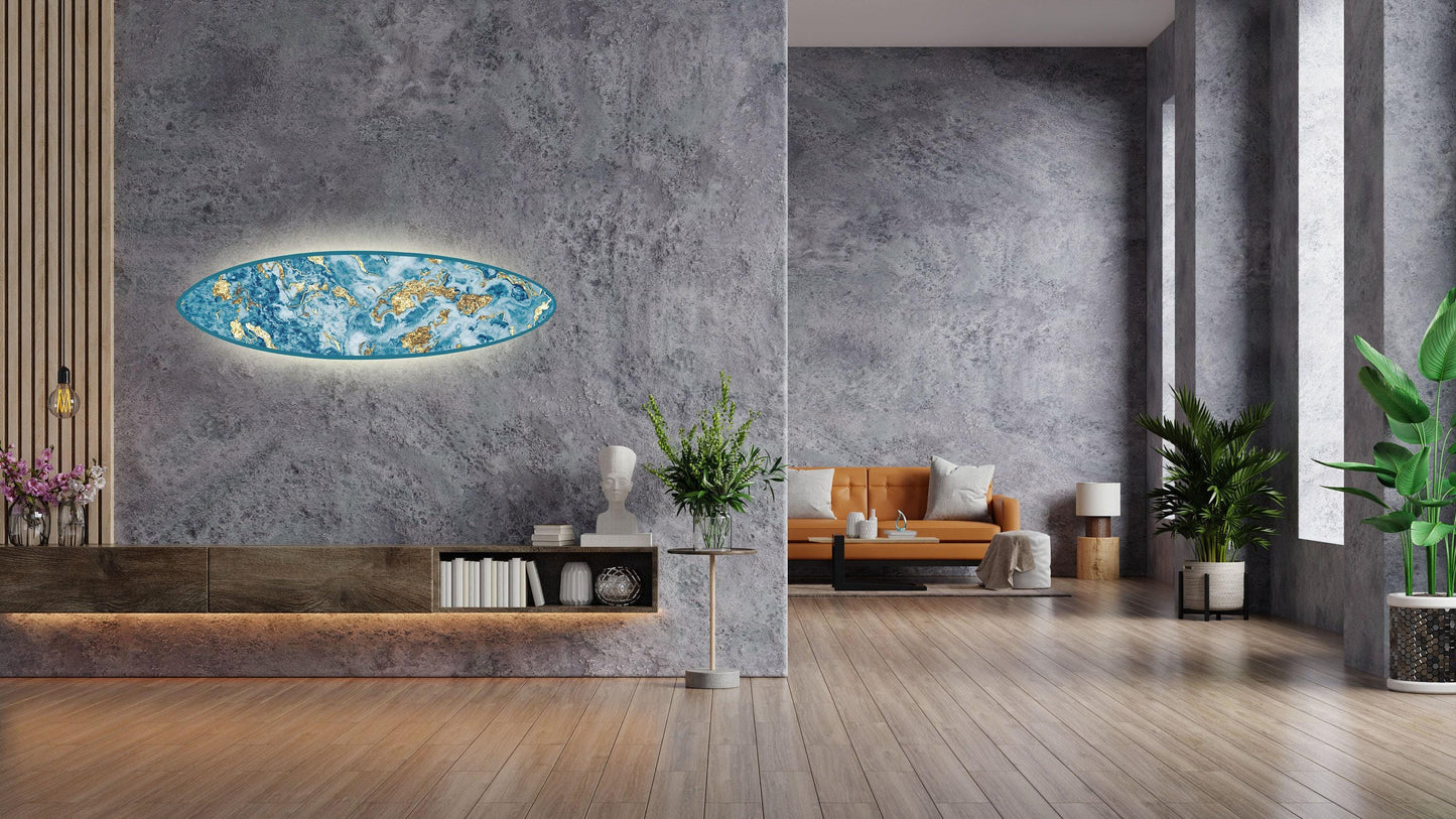 Surfboard-shape wall led light with ocean wave realistic print