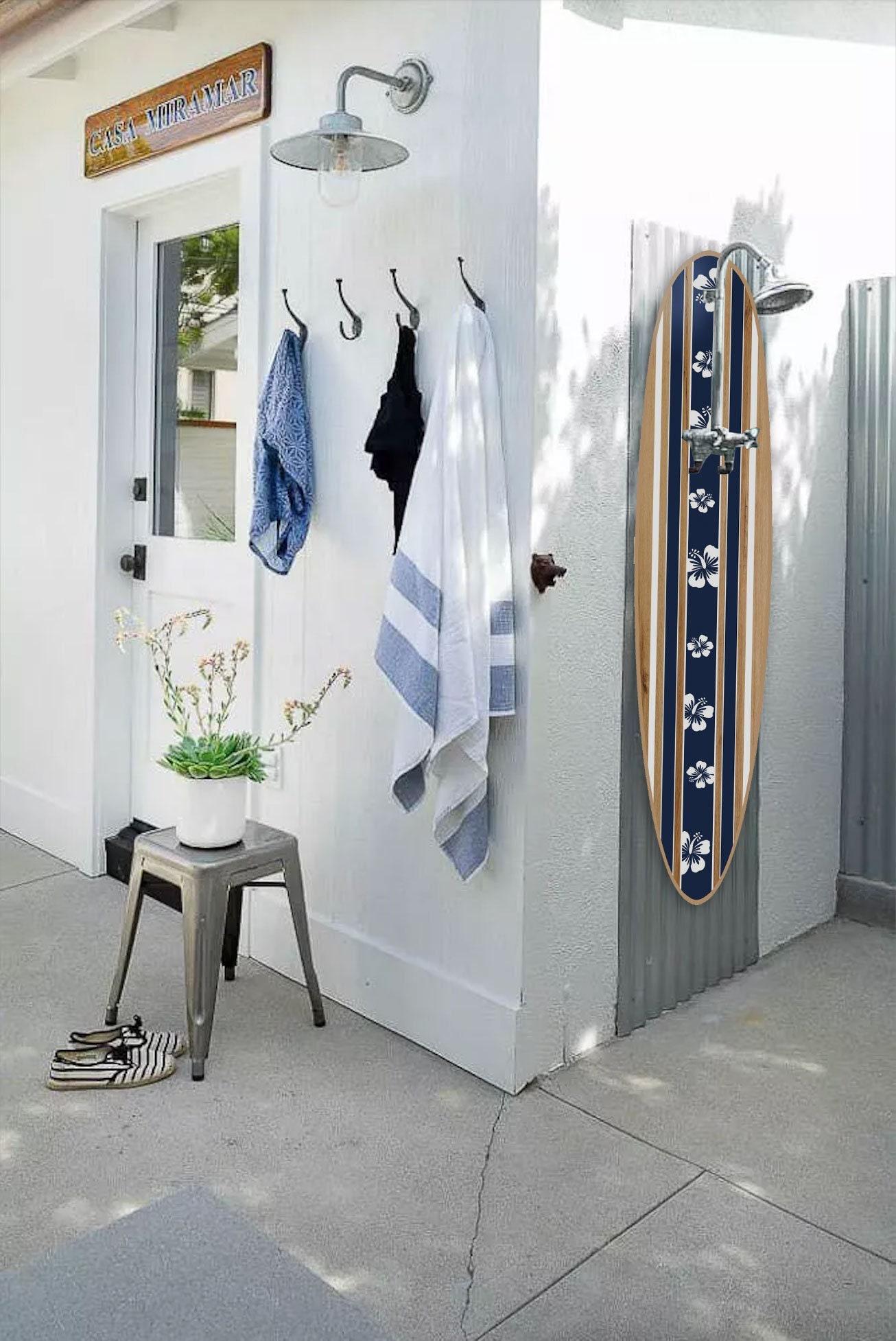 Hawaiian Surfboard Shower Panel – Navy Blue with Hibiscus Pattern