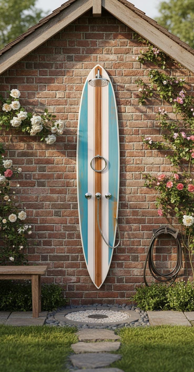 Surfboard Outdoor Shower Panel – Vintage Coastal Style Poolside Shower