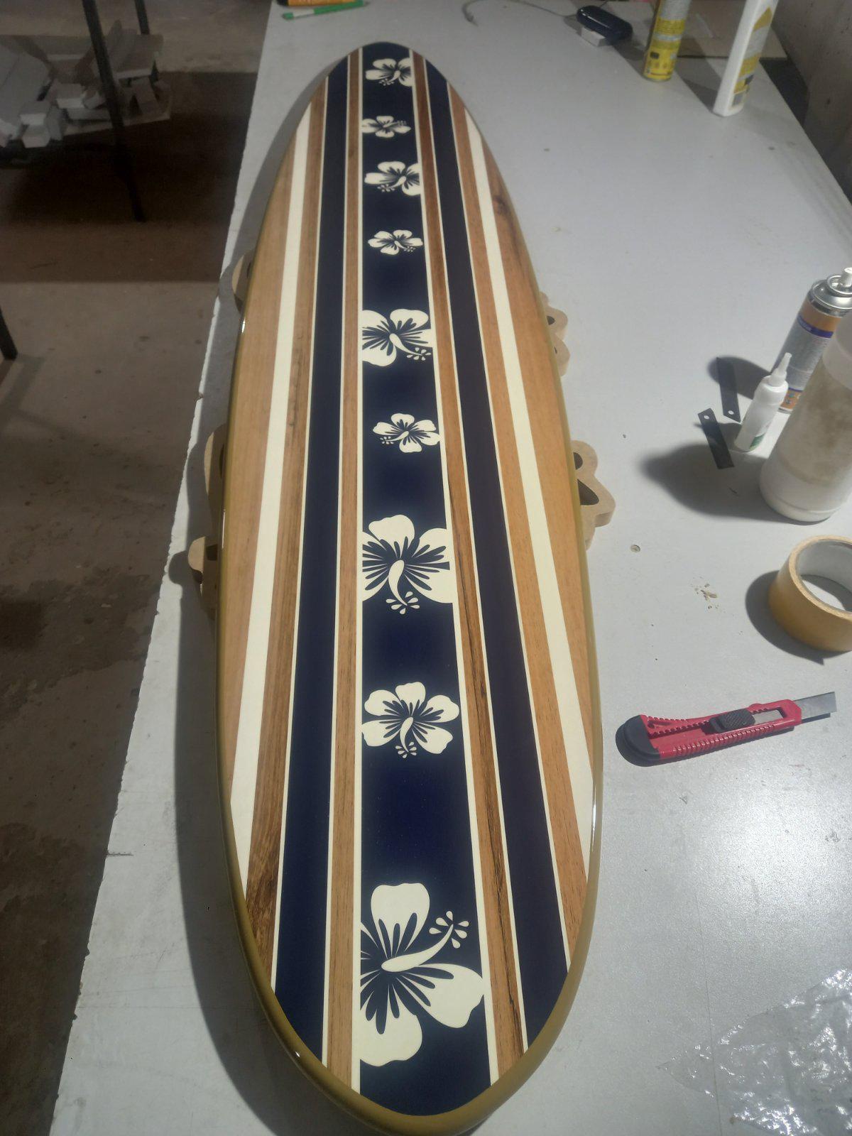 Hawaiian Surfboard Shower Panel – Navy Blue with Hibiscus Pattern
