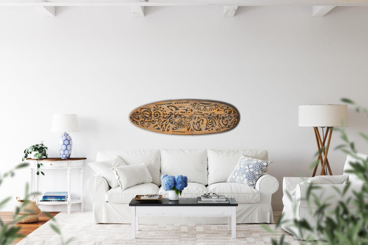 Surfboard-shape wall led light with maori pattern, turtle