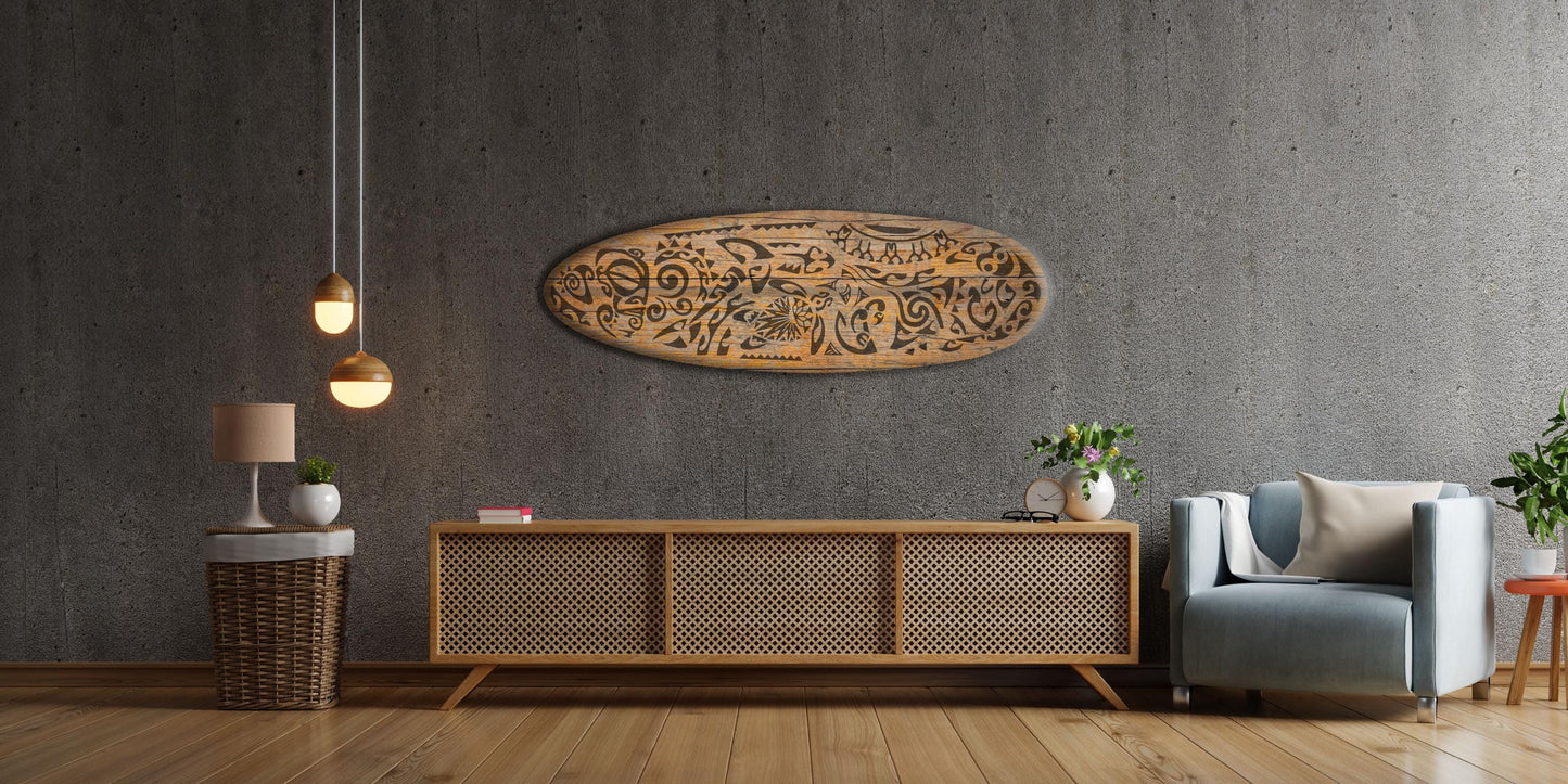 Surfboard-shape wall led light with maori pattern, turtle