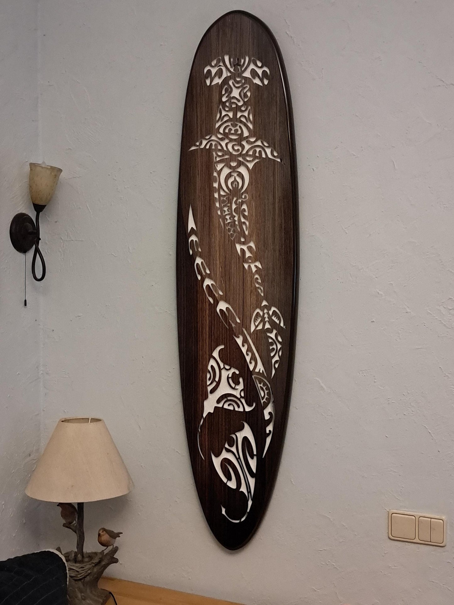 Wall Light “Shark and Rays” — LED Backlight, Ocean Theme, Maori Style