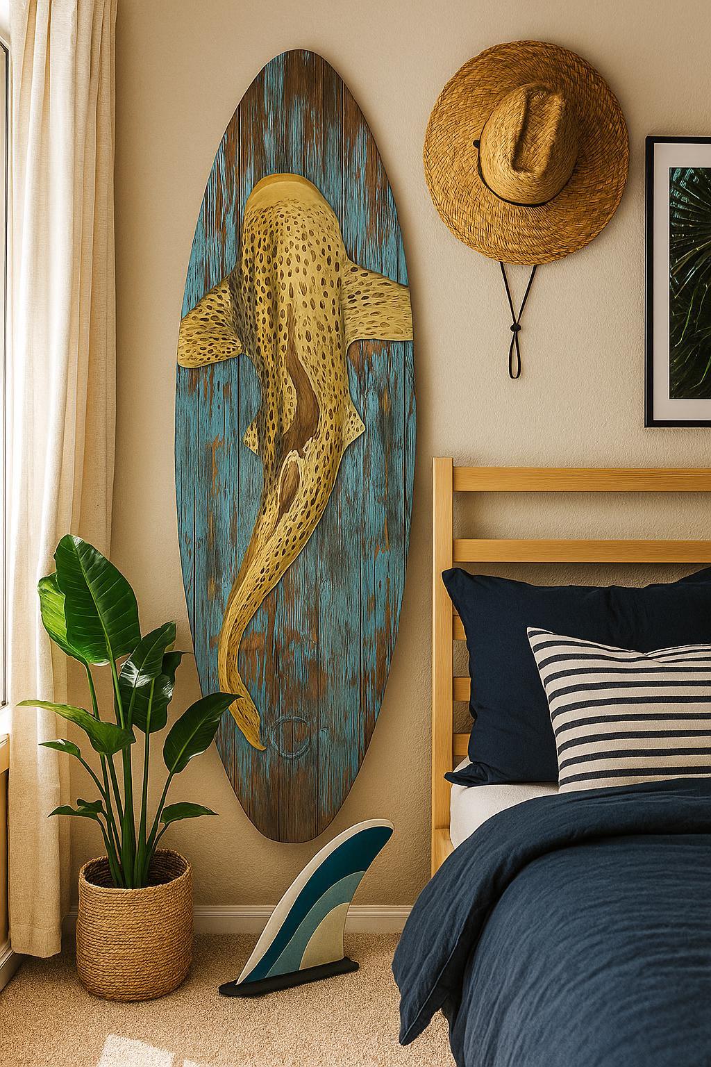 Leopard Shark Surfboard Wall Art – Beach & Nautical Decor – Indoor/Outdoor Wood Sign