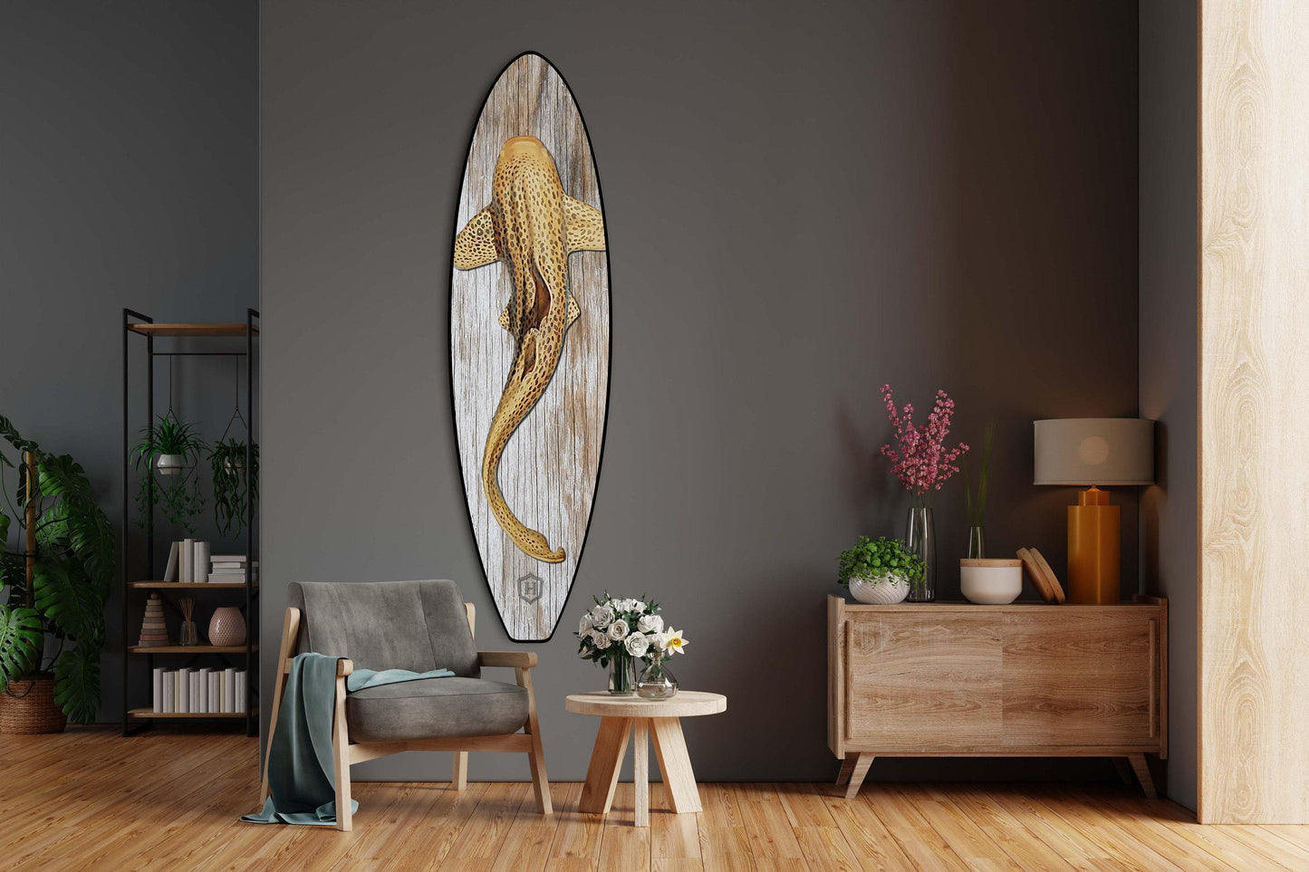 Leopard Shark Surfboard Wall Art – Beach & Nautical Decor – Indoor/Outdoor Wood Sign
