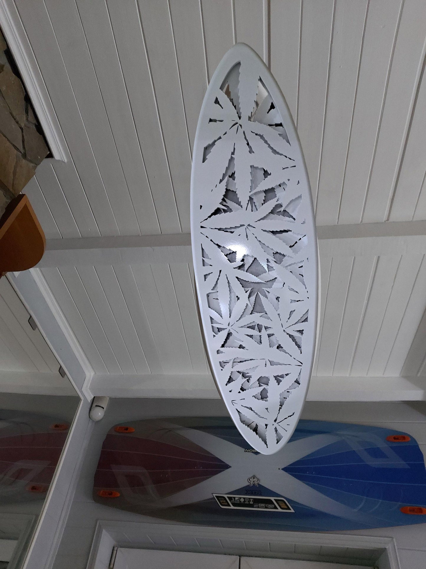 Surfboard LED Ceiling Light, Cannabis Leaf Decor, Wooden Wall Lamp