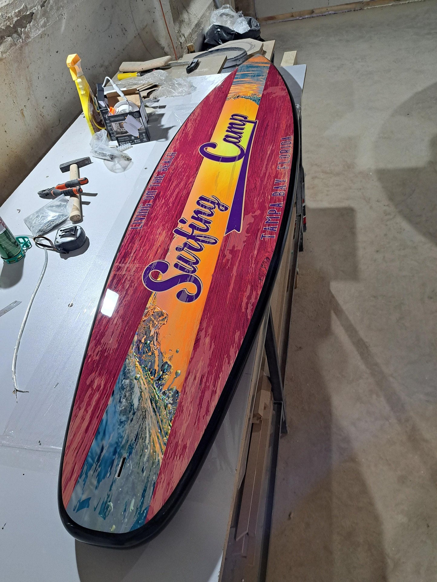 Surfboard shaped ceiling chandelier Surf Camp, Pool Billiard Table Light