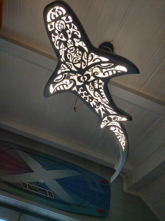 Shark-shaped ceiling chandelier in Maori surf style