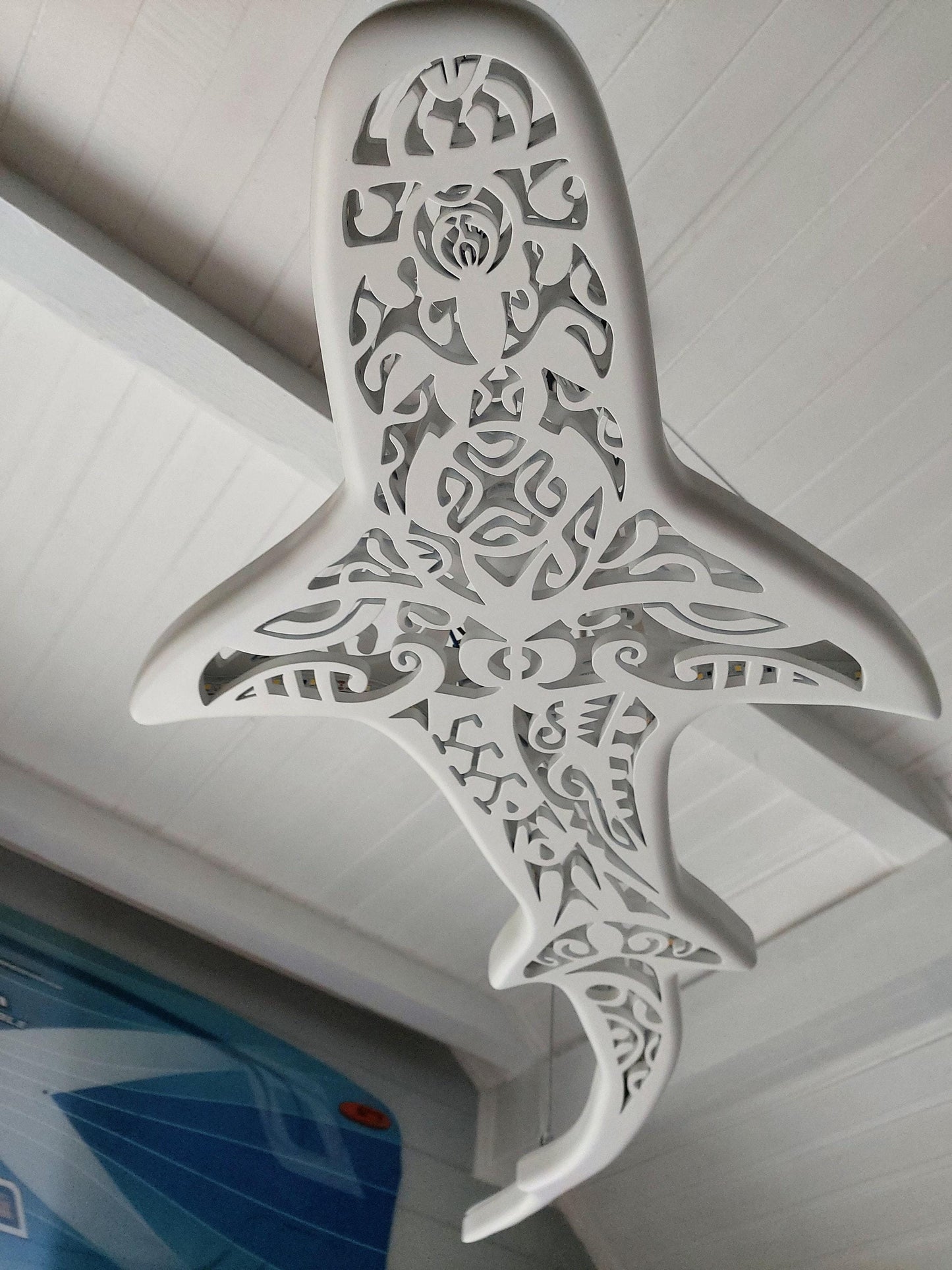 Shark-shaped ceiling chandelier in Maori surf style