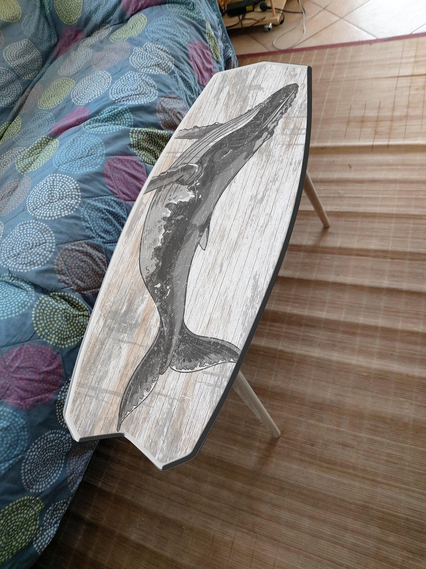 Handmade Surfboard Coffee Table – Ash Wood, Whale Design (150x45 cm)