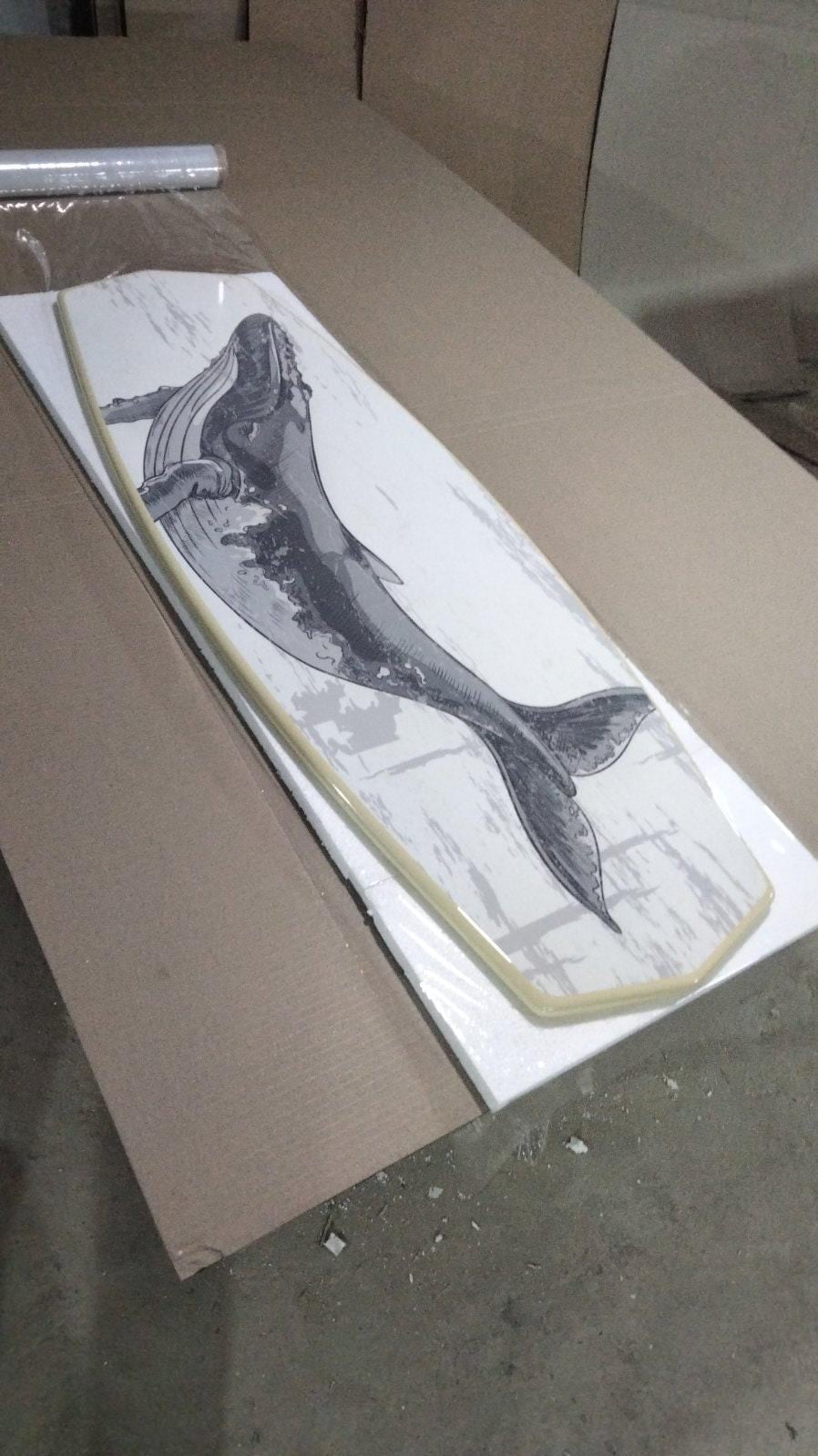 Handmade Surfboard Coffee Table – Ash Wood, Whale Design (150x45 cm)