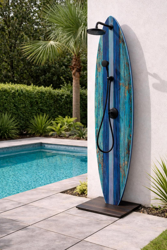 Surfboard Shower Panel, Weathered Turquoise Coastal Decor, Rustic Surf Art