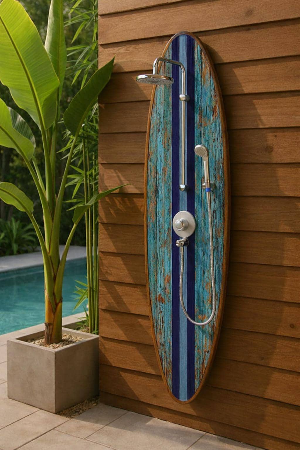 Surfboard Shower Panel, Weathered Turquoise Coastal Decor, Rustic Surf Art