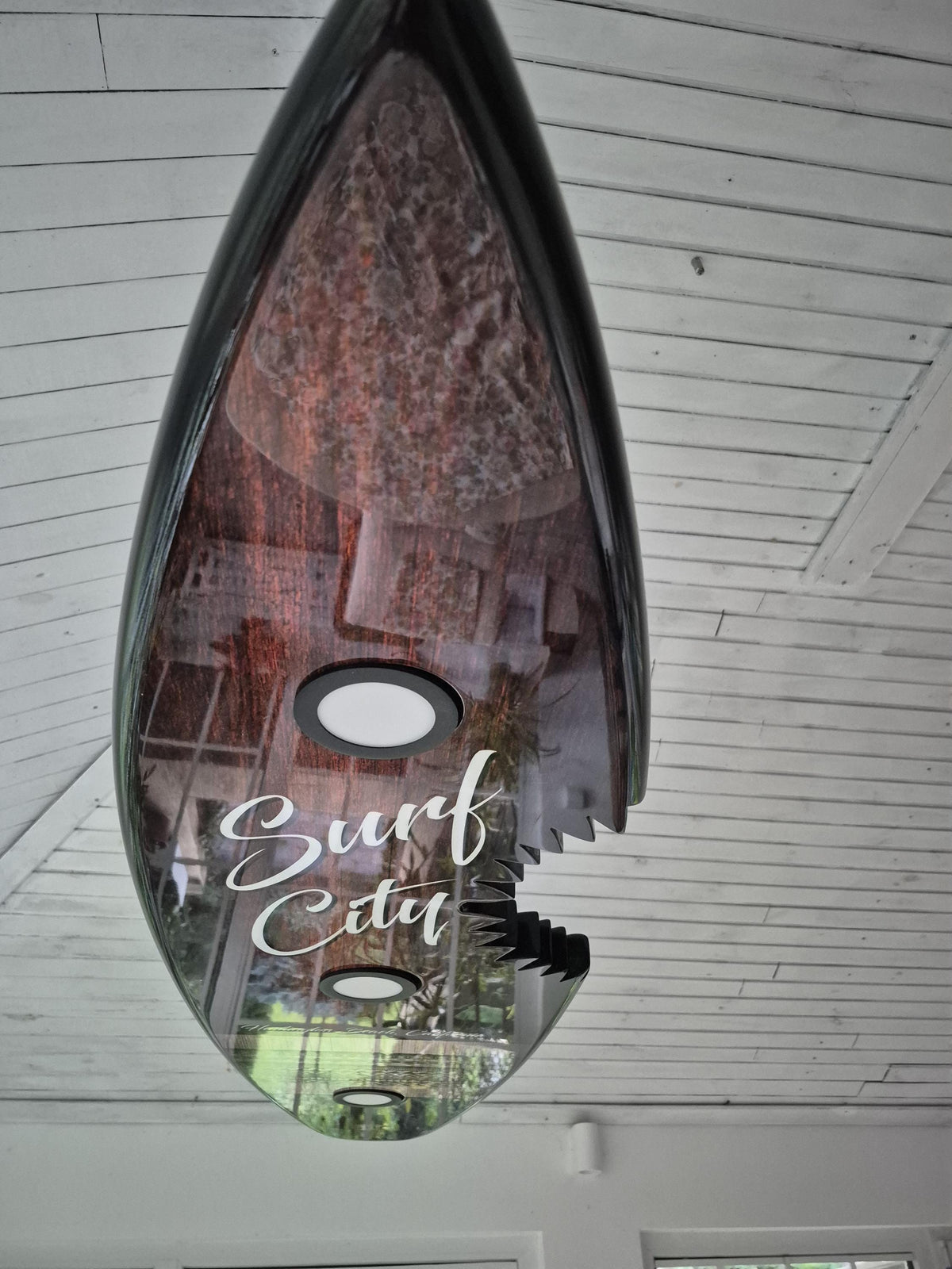 Shark Bite Surfboard Light – LED Billiard Table Pendant | Huntington Beach Surf Decor