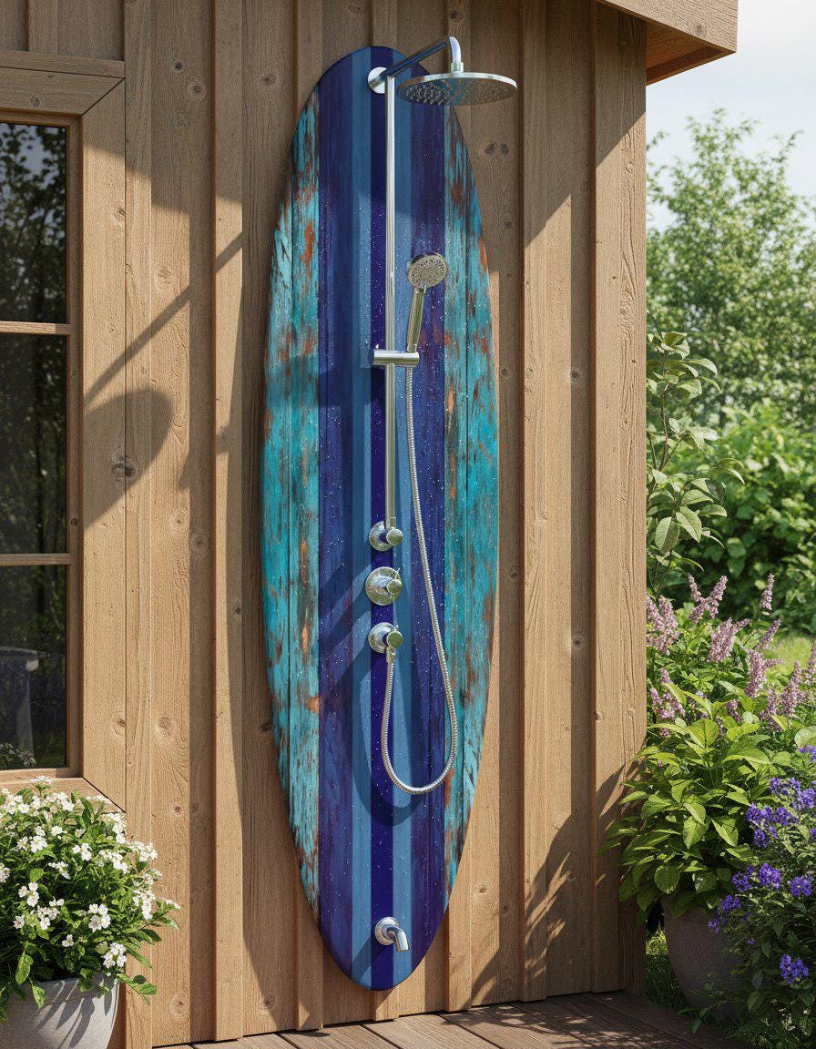 Surfboard Shower Panel, Weathered Turquoise Coastal Decor, Rustic Surf Art