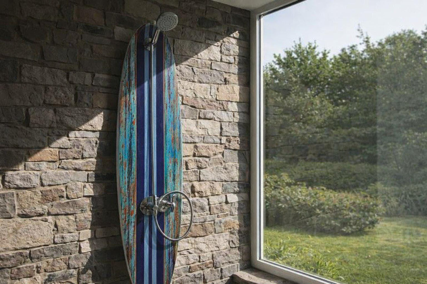 Surfboard Shower Panel, Weathered Turquoise Coastal Decor, Rustic Surf Art