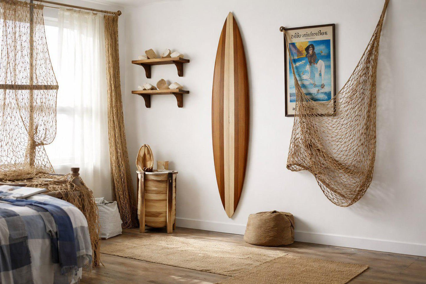 Wood Surfboard Wall Decor – California Style Wooden Surf Art – Modern Coastal Statement Piece