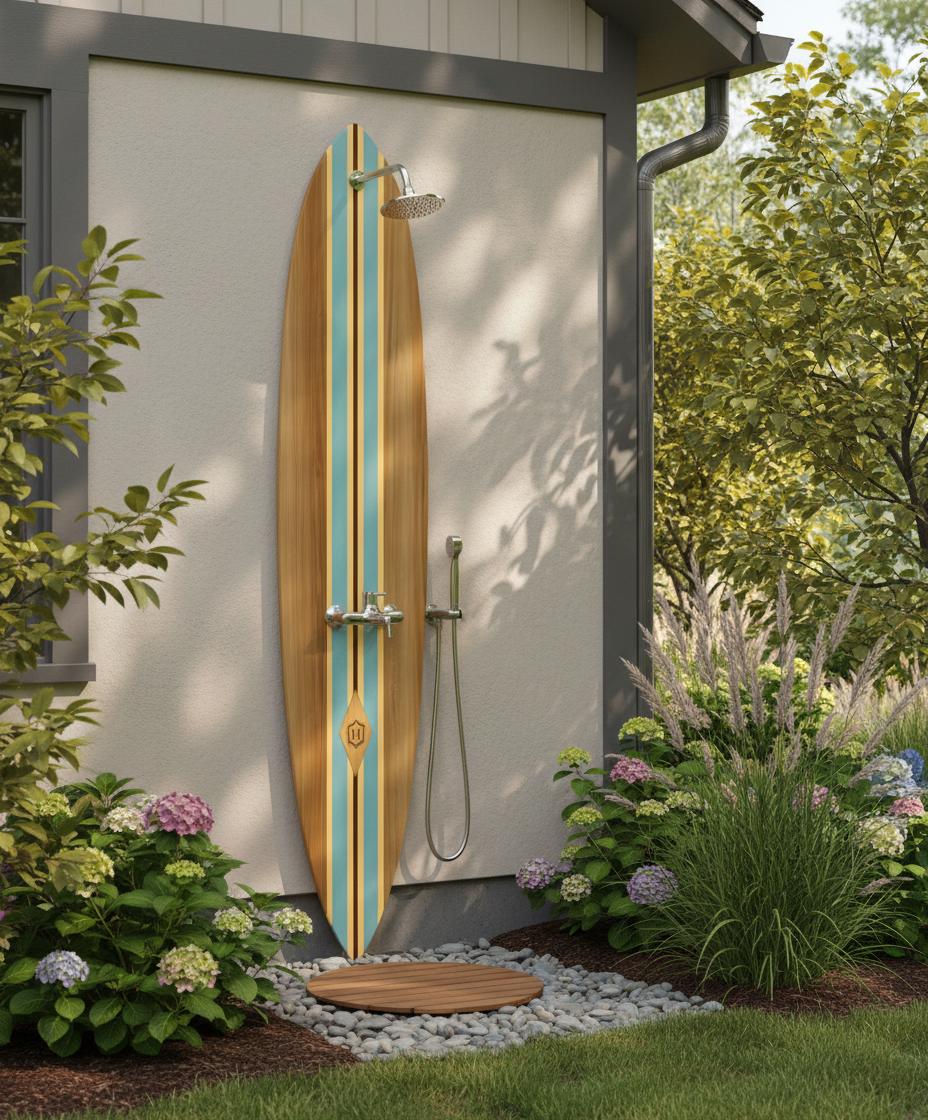 Surfboard Outdoor Shower Panel – Vintage Coastal Garden Wall Shower
