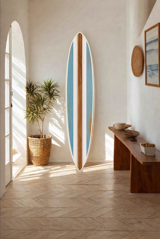 Vintage Surfboard Wall Decor – Coastal Blue Stripe Wooden Art Accent