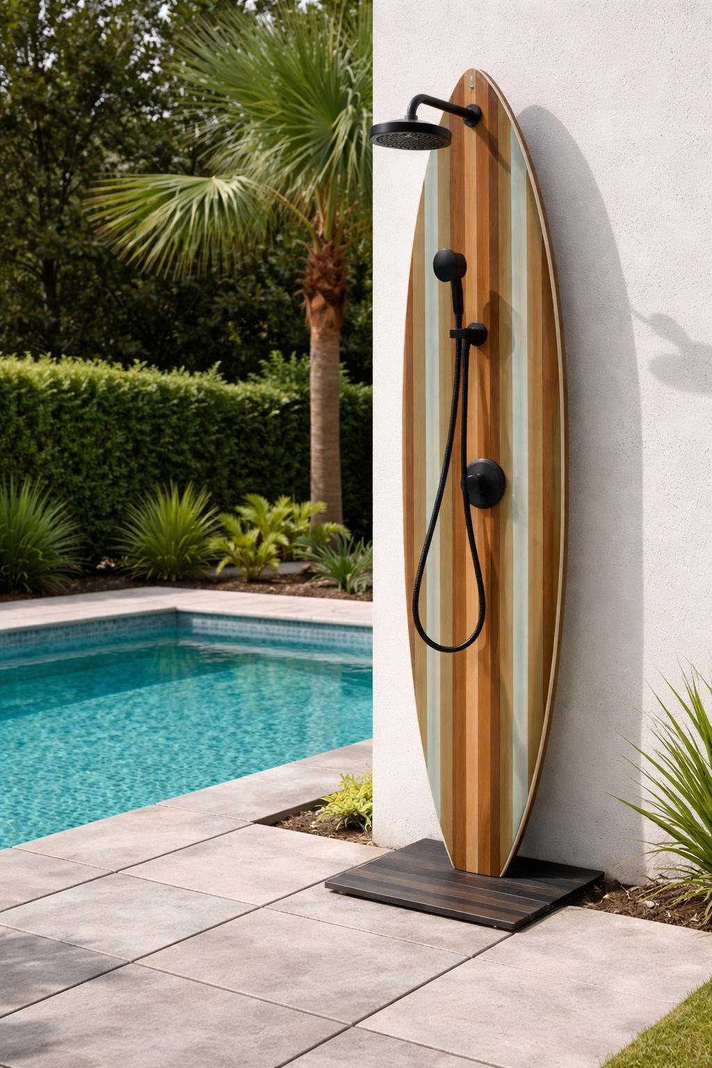 Surfboard Shower Panel, Wood Coastal Bathroom Decor, Turquoise Stripe Beach House Art