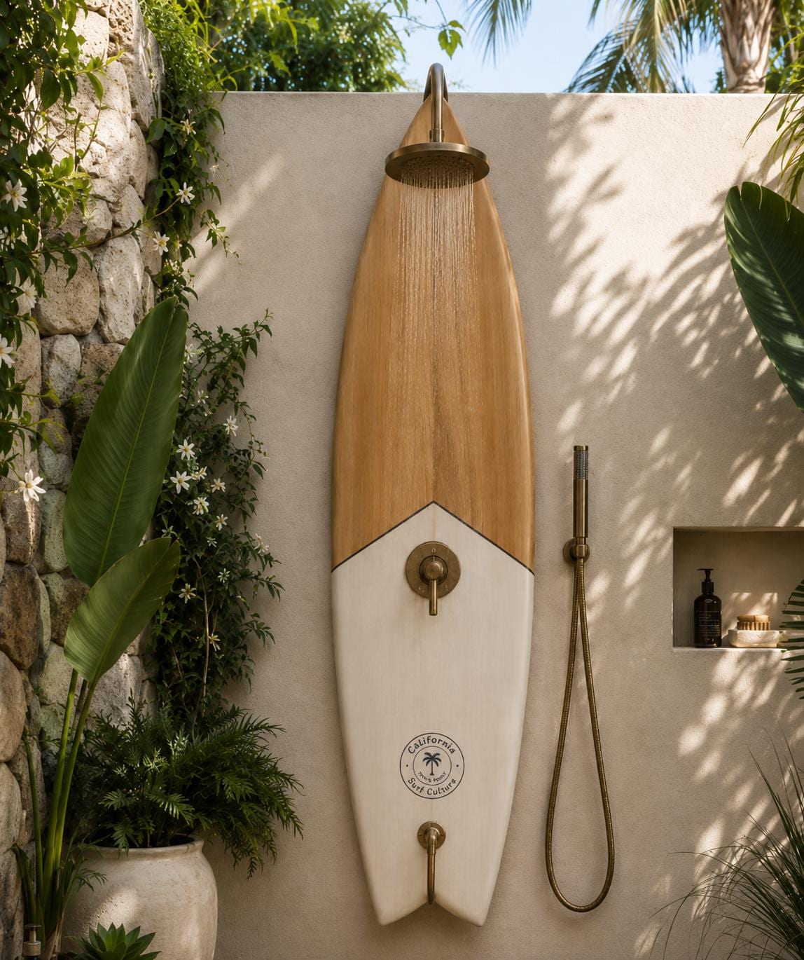 Surfboard Shower Panel – California Style Outdoor Shower, Poolside Surf Decor for Beach House