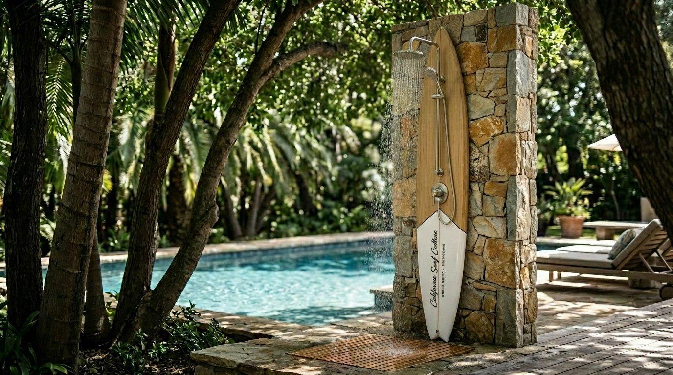 Surfboard Shower Panel – California Style Outdoor Shower, Poolside Surf Decor for Beach House
