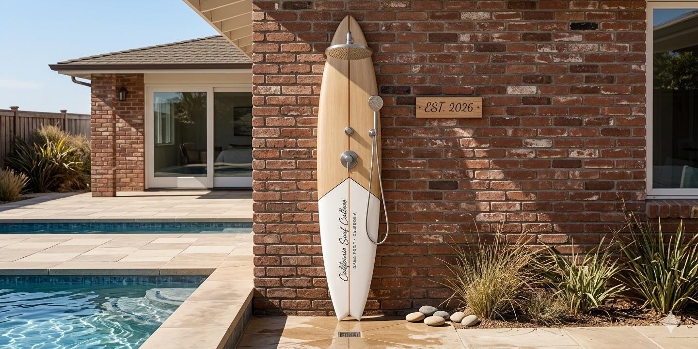 Surfboard Shower Panel – California Style Outdoor Shower, Poolside Surf Decor for Beach House
