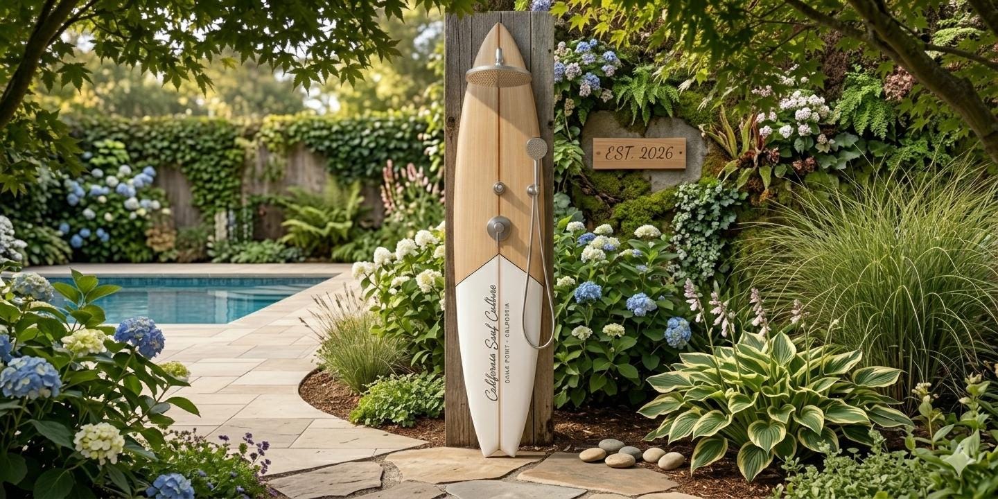 Surfboard Shower Panel – California Style Outdoor Shower, Poolside Surf Decor for Beach House