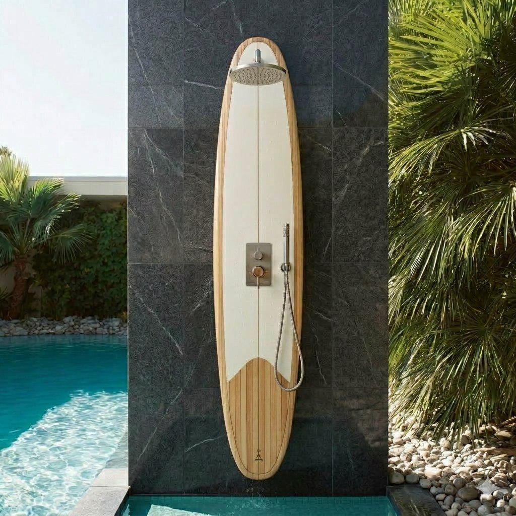 Surfboard Shower Panel – Modern Poolside Outdoor Shower for Coastal Homes