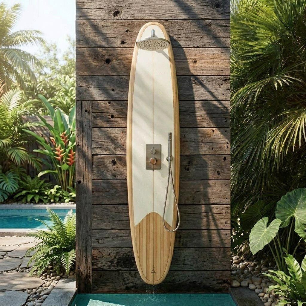 Surfboard Shower Panel – Modern Poolside Outdoor Shower for Coastal Homes
