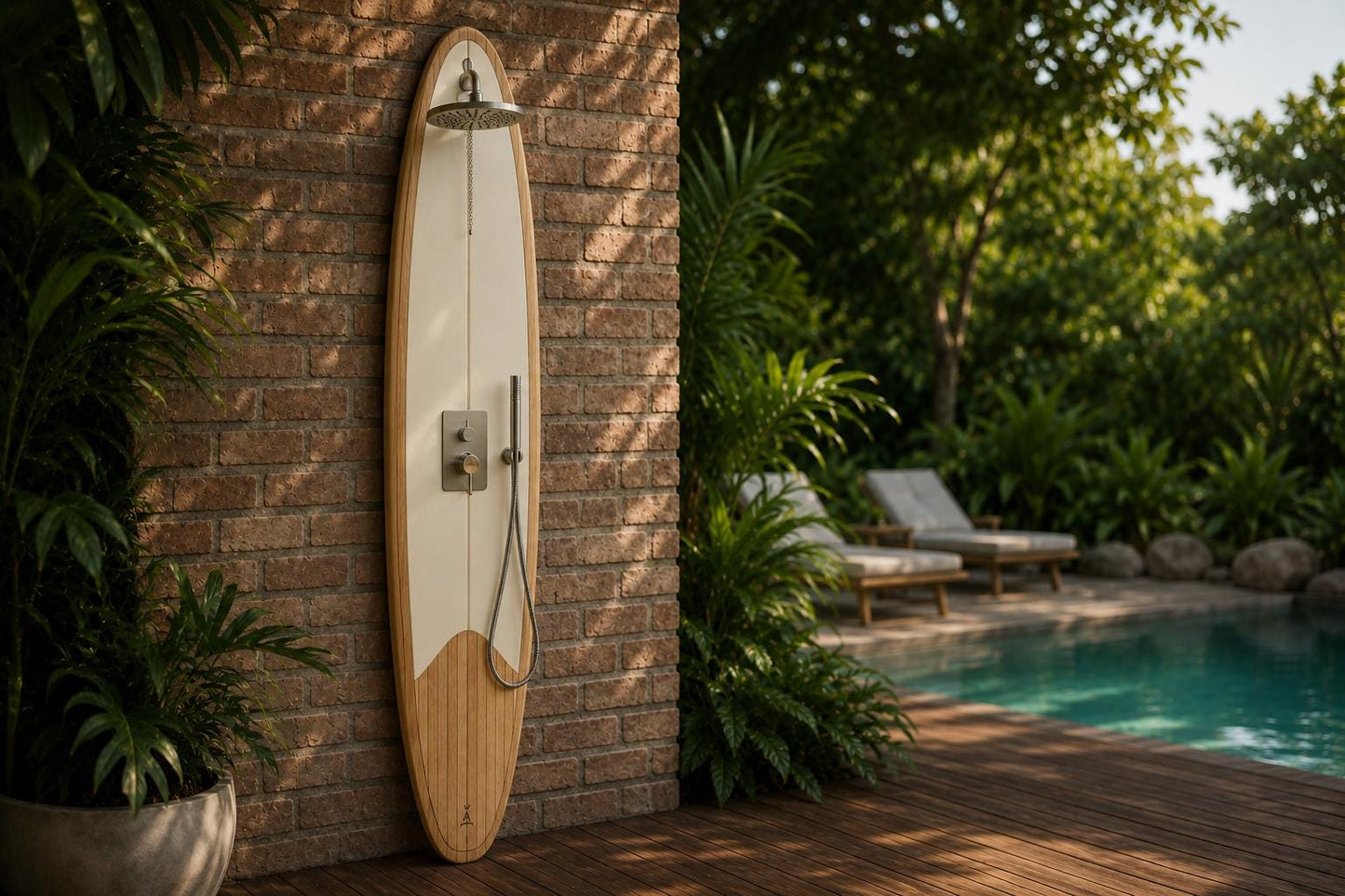 Surfboard Shower Panel – Modern Poolside Outdoor Shower for Coastal Homes