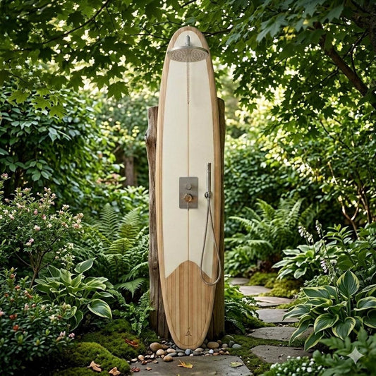 Surfboard Shower Panel – Modern Poolside Outdoor Shower for Coastal Homes