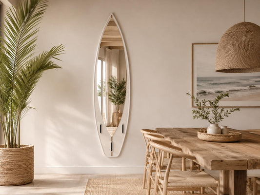 Surfboard Mirror – Coastal Wall Decor for Beach House Interior, Minimalist Surf Style