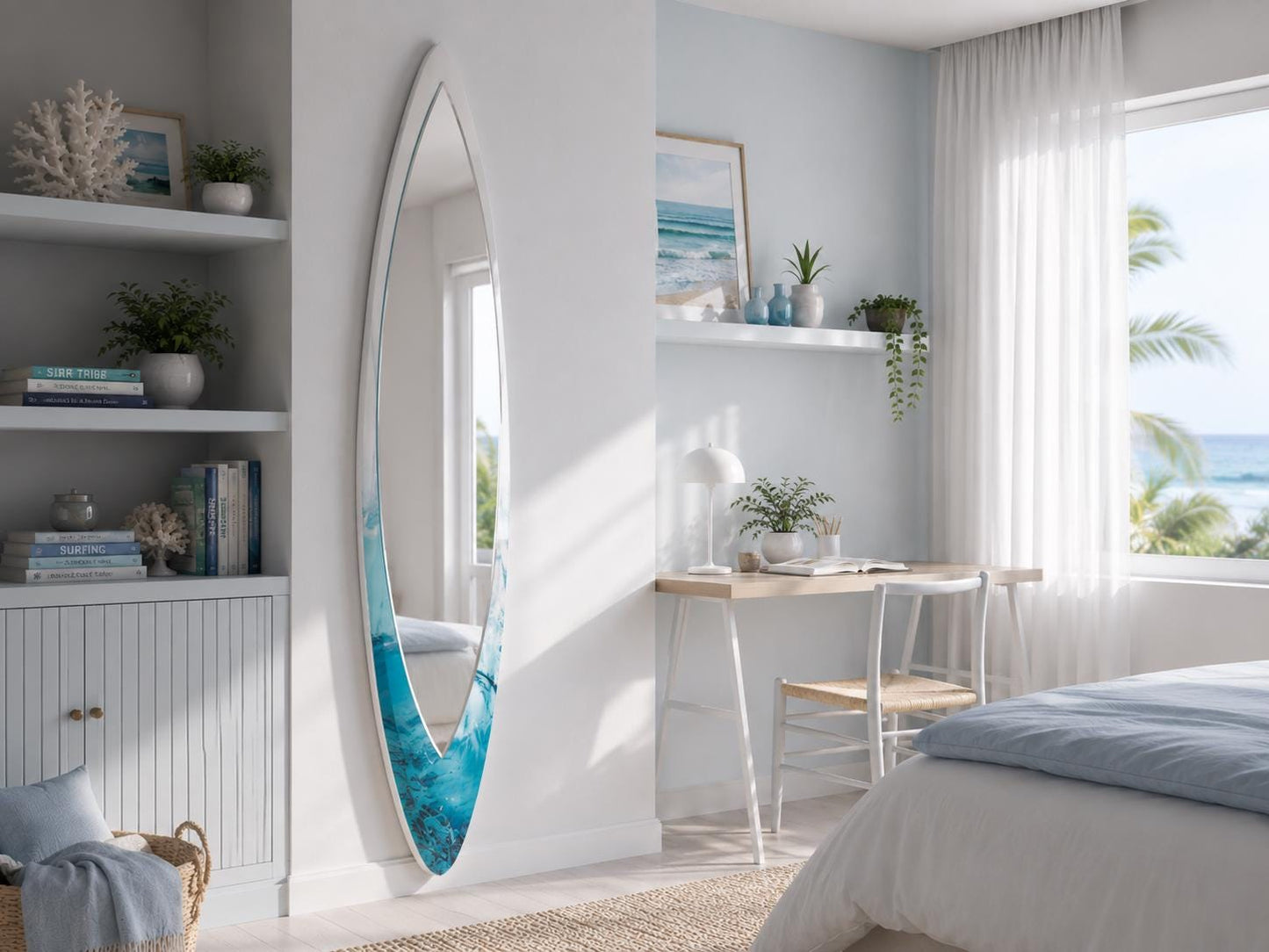 Surfboard Mirror – Wooden Coastal Wall Decor for Beach House Interior