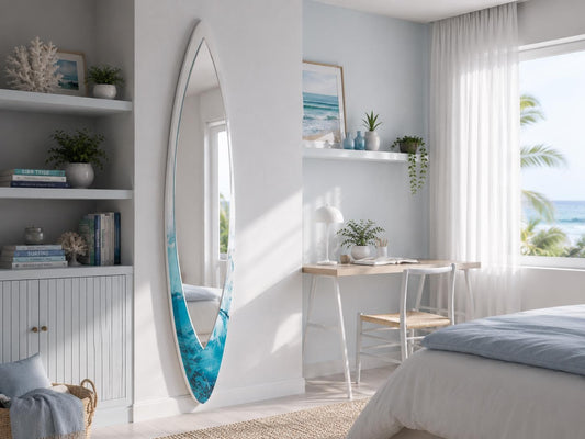 Surfboard Mirror – Ocean Wave Wall Decor for Coastal Interiors, Beach House Mirror