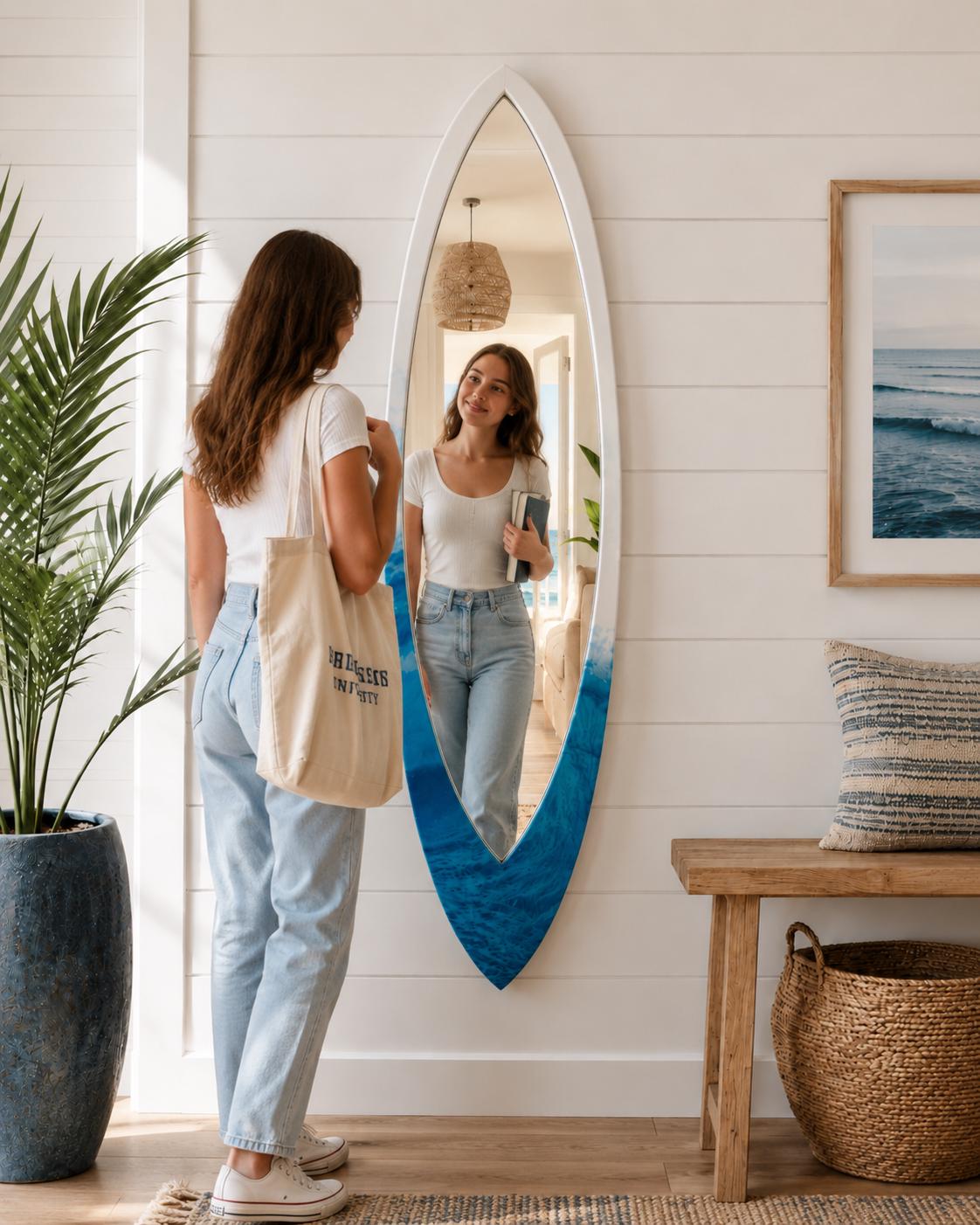 Surfboard Mirror – Ocean Wave Wall Decor for Coastal Interiors, Beach House Mirror