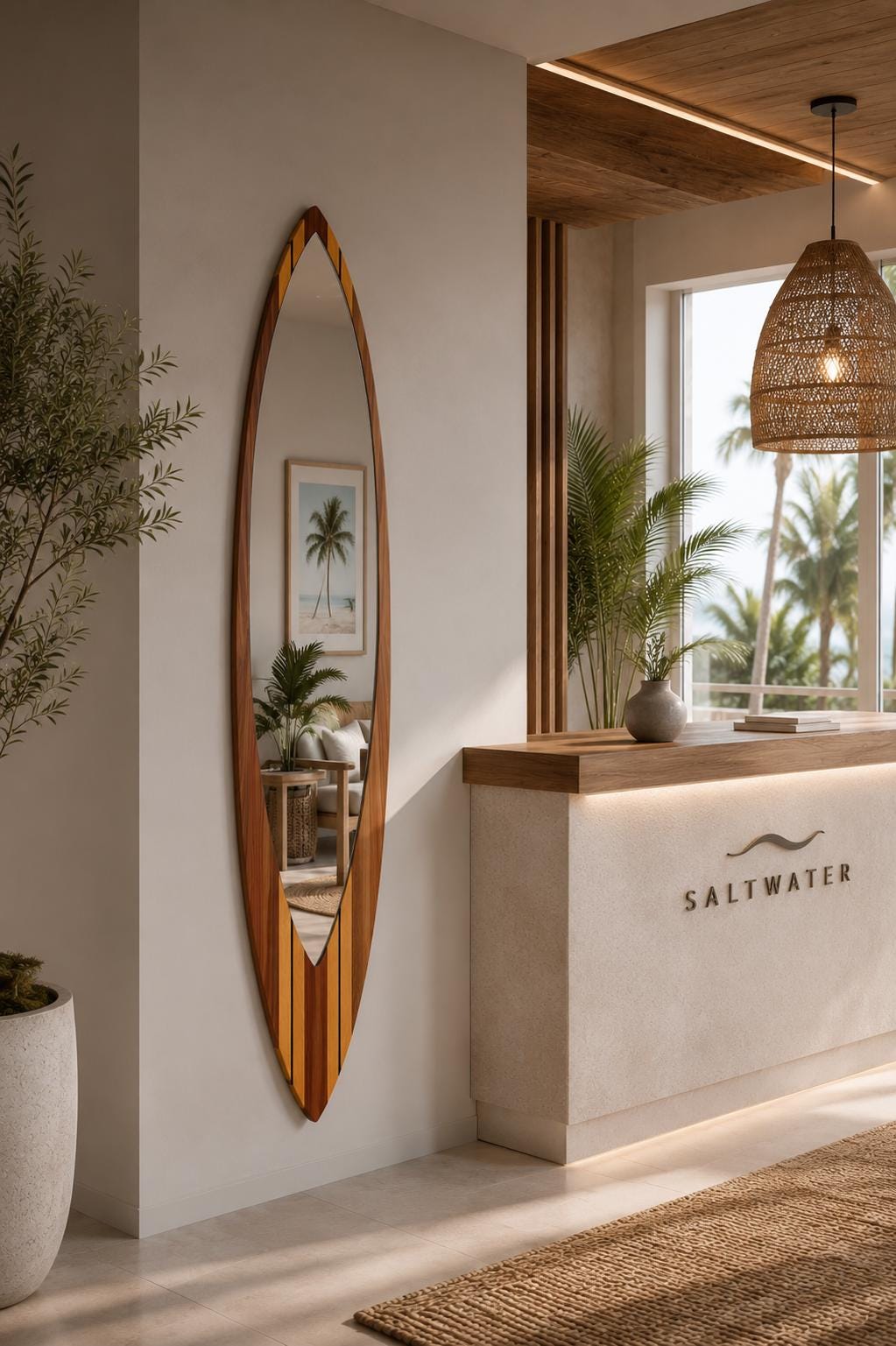 Surfboard Mirror – Wooden Coastal Wall Decor for Beach House Interior