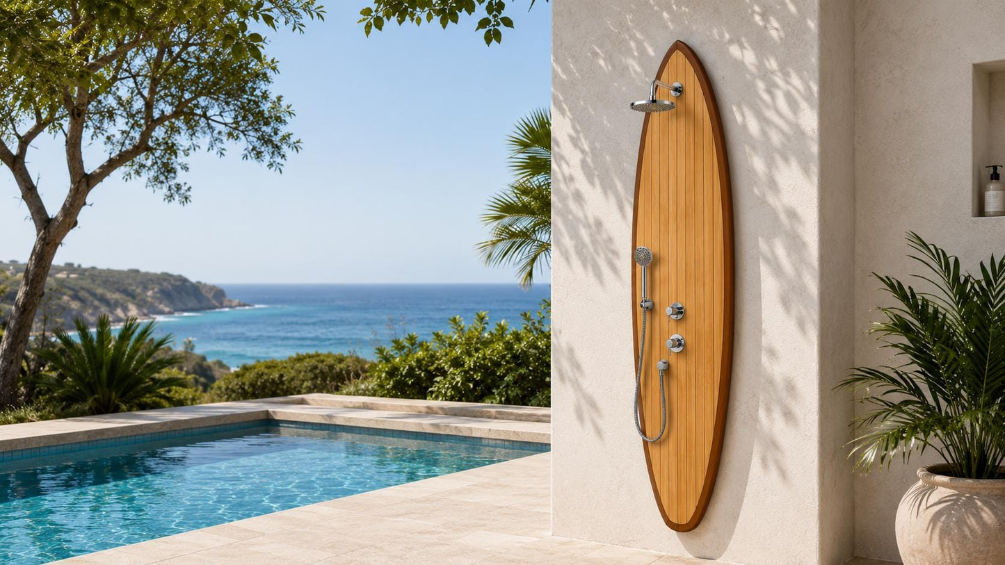 Surfboard Shower Panel – Modern Outdoor Shower for Poolside & Coastal Homes