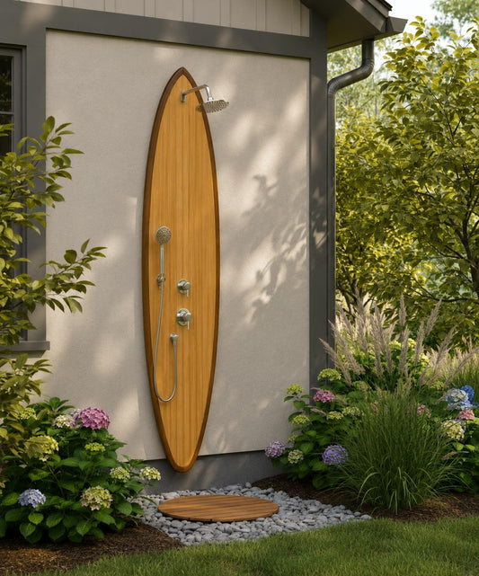Surfboard Shower Panel – Modern Outdoor Shower for Poolside & Coastal Homes