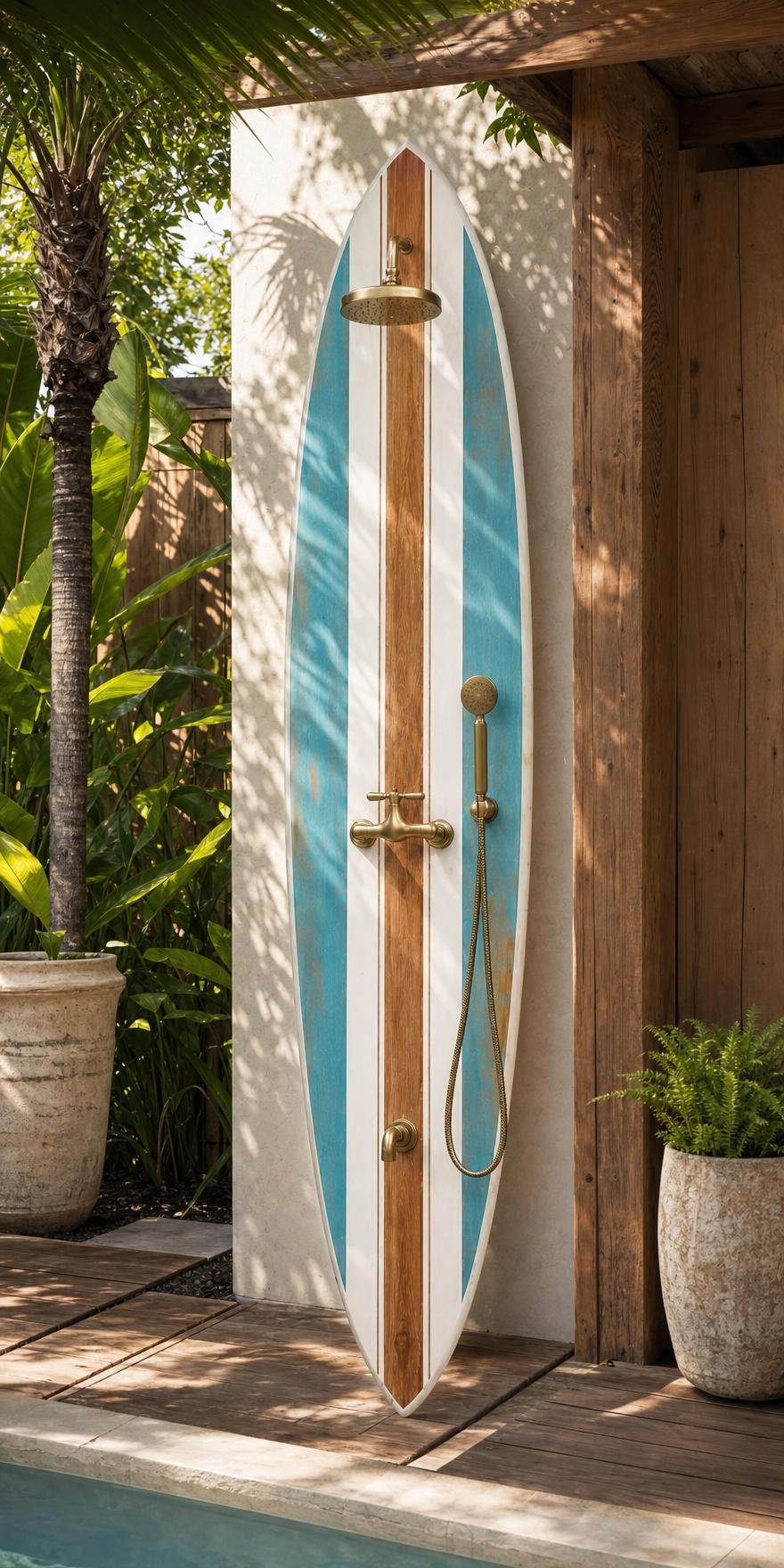 Surfboard Outdoor Shower Panel – Vintage Coastal Style Poolside Shower