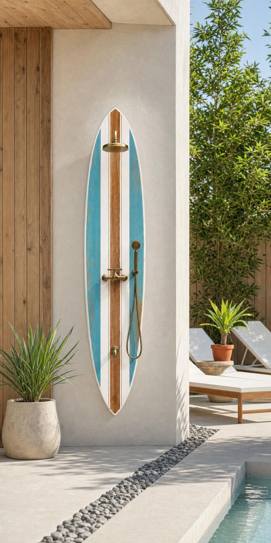 Surfboard Outdoor Shower Panel – Vintage Coastal Style Poolside Shower