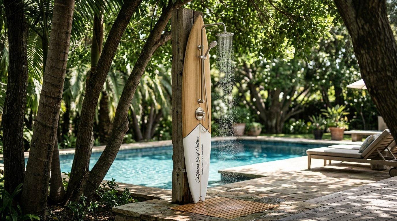 Surfboard Shower Panel – California Style Outdoor Shower, Poolside Surf Decor for Beach House