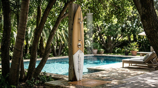 Surfboard Shower Panel – California Style Outdoor Shower, Poolside Surf Decor for Beach House