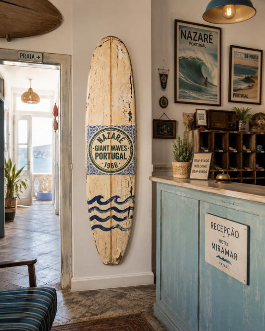 Vintage Surf Decor – Nazaré Big Wave Board, Portugal Coastal Wall Art – WSH Series