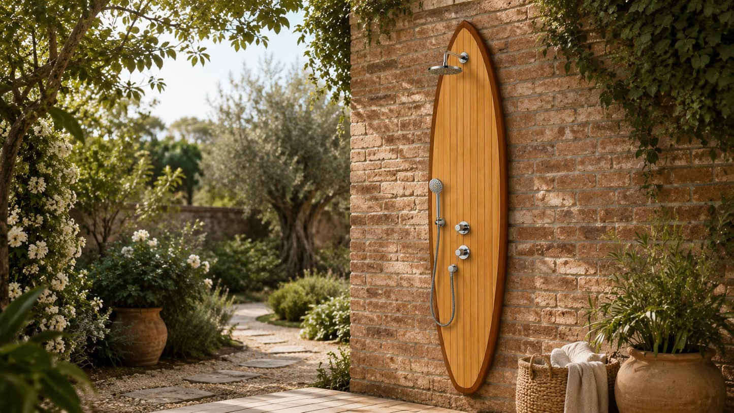 Surfboard Shower Panel – Modern Outdoor Shower for Poolside & Coastal Homes
